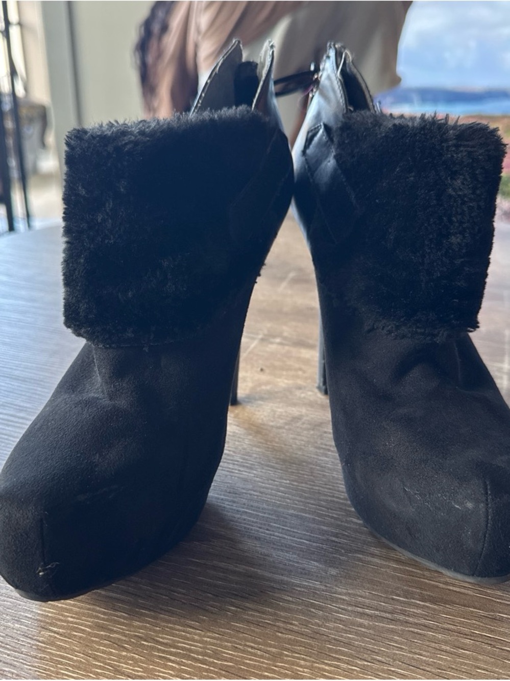 Guess Black Faux Fur Cuff High Heel Booties